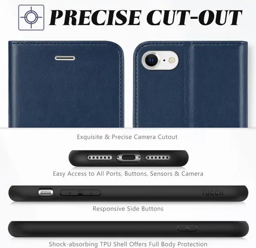 Miniatura 8 de TUCCH Funda tipo cartera para iPhone SE 2022/SE 2020/iPhone 8/7, de piel sintética de alta calidad con soporte, ranura para tarjetas, cierre Azul
