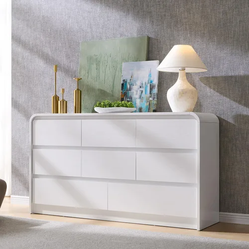 Miniatura 7 de Aitjunz Cómoda moderna de 5 cajones para dormitorio, 114 cm de altura con diseño de perfil curvo, cómoda vertical de madera estilo mediados de siglo