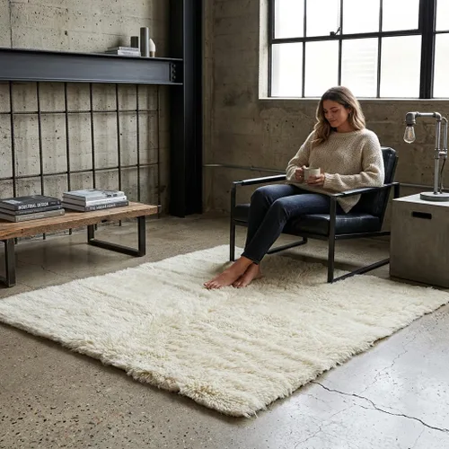 Miniatura 2 de Alfombras flokati elegantes de bajo perfil, todo el grosor con un pelo más bajo, 100% lana orgánica, alfombra lanuda de lana natural blanquecina