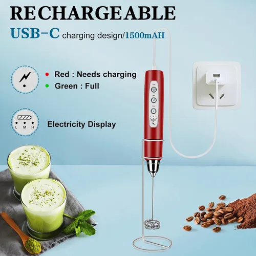 Miniatura 2 de Espumador de leche de mano con soporte, batidor eléctrico de 3 velocidades ajustables, mezclador de bebidas con batidor de acero inoxidable 3, Rojo