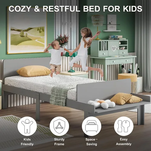 Miniatura 5 de Dolonm Marco de cama individual para niños con banco de estribo, gris, madera de pino, estilo moderno, no necesita somier