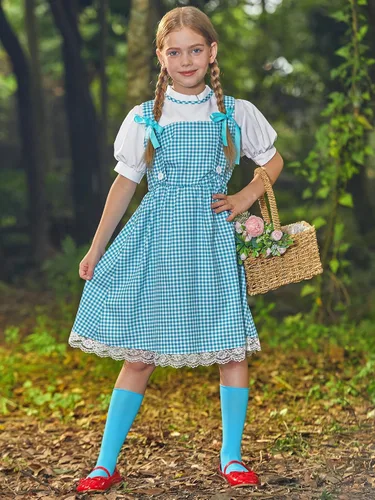 Miniatura 2 de Girls Halloween Clothing Blue Gingham Puff Sleeves Midi Dress Outfit with Hair Bows 5-14 Years