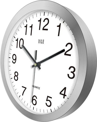 Miniatura 2 de HITO Reloj de pared silencioso de 12 pulgadas con batería, sin tictac, cubierta de vidrio, marco de aluminio plateado, para decoración de cocina
