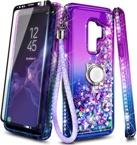 Miniatura 7 de NGB - Funda de teléfono diseñada para Samsung Galaxy S9+ Plus, morado/azul, con purpurina líquida para mujeres y niñas, con protector de pantalla