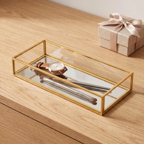 Miniatura 5 de Lyellfe Paquete de 2 bandejas de perfume, bandeja de tocador dorada, bandeja decorativa de espejo dorado, bandeja de perfume rectangular