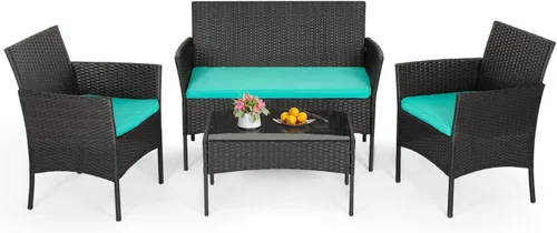 Miniatura 15 de FDW Juego de muebles de patio de 3 piezas Negro Muebles de mimbre para exteriores con mesa de café Juego de sillas de ratán moderno