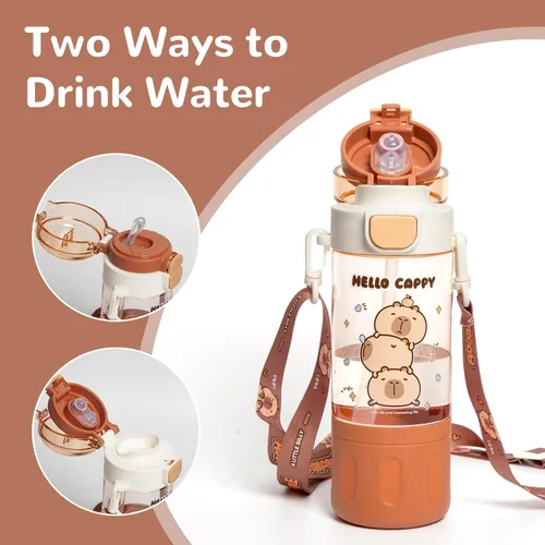 Miniatura 4 de Botella de Agua Capybara, Botella de Agua Kawaii con popote, bonitas botellas de agua Capybara con correa ajustable y calcomanías - para niños