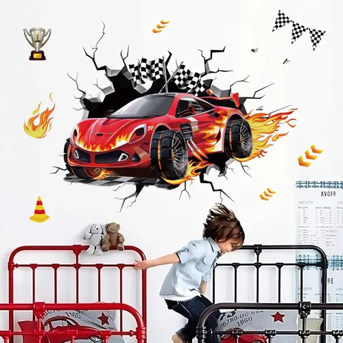 decalmile Calcomanías de pared de autos de carreras 3D, banderas de coches rojos, calcomanías de pared para habitación de bebé, habitación de niños,
