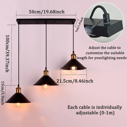 Miniatura 2 de FIRVRE Lámpara colgante industrial de 3 luces, lámpara colgante de metal ajustable, iluminación colgante vintage para cocina, restaurante, comedor