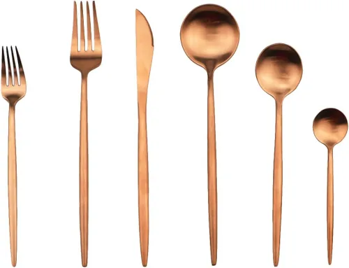 Miniatura 5 de Cuchara moderna con manchas de cobre, 6 piezas de acero inoxidable 304 color oro rosa mate, cuchara de postre de 7.2 pulgadas, vajilla