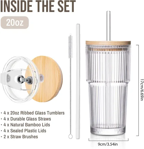 Miniatura 3 de SoulTimes Juego de 2 vasos de vidrio acanalados y florales de 20 onzas, vasos de vidrio reutilizables con tapa y popote de vidrio, tazas de café