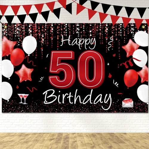 Cartel de feliz cumpleaños 50 para patio, pancarta de cumpleaños número 50 en negro y rojo, decoración para mujeres y hombres, fondo grande de 50