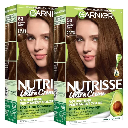 Garnier Nutrisse - Tinte en crema nutritiva para el cabello, 53 castaño dorado medio (castaño), tinte permanente para el cabello, 2 unidades (el 53
