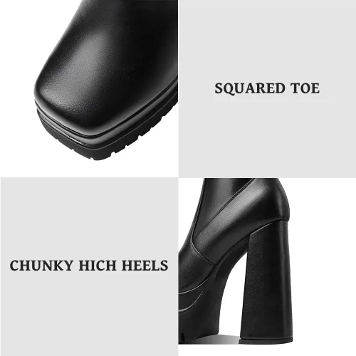 Miniatura 3 de Wryffneea Platform Boots for Women Square Toe Side Zip Goth Punk Wedge Block High Chunky Heel Motorcycle Riding GoGo Knee High Boots