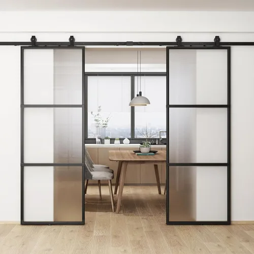 BARNSMITH Puerta de granero de vidrio doble de 64 x 84 pulgadas con kit de herrajes montados en la parte superior de 11 pies, cierre suave, vidrio