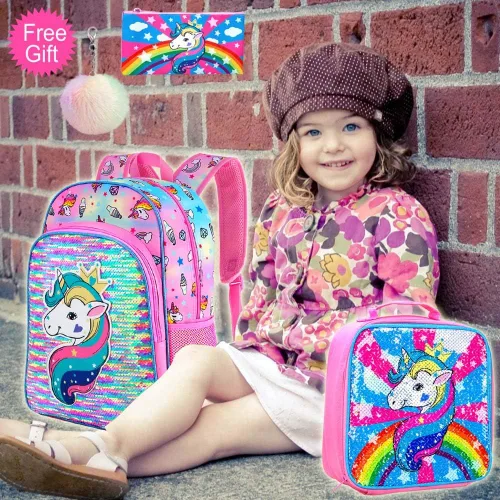 Miniatura 2 de 3 mochilas infantiles para niñas, 16 pulgadas, preescolar y lonchera - Unicorniosirenaflamenco