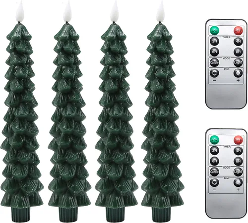 Fo32won Candelabros sin llama en forma de árbol de Navidad a pilas con control remoto y temporizador, juego de 4 velas LED cónicas de cera real con