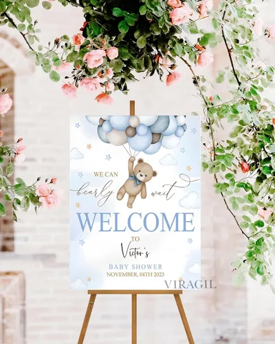 Miniatura 2 de Letrero de bienvenida personalizado de oso azul para niño "We Can Bearly Wait Baby Shower", decoración, letrero de bienvenida para bebé niño