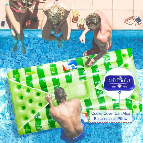 Miniatura 8 de Mesa inflable flotante de beer-pong para colocar cervezas, con altavoz WiFi, incluye 4 bolas brillantes de ping pong y cubierta extraíble