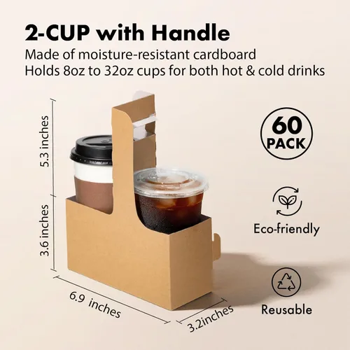 Miniatura 2 de FMP Brands Portabebidas desechable de 2 tazas con asa, paquete de 250 portadores de bebidas con mango de cartón kraft de 8 a 32 onzas, soporte