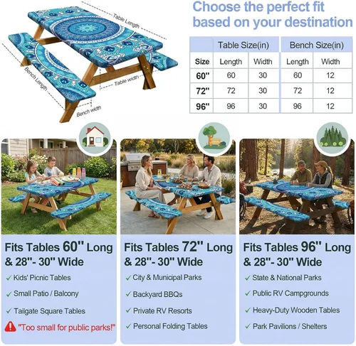Miniatura 5 de Funda de mesa de picnic con fundas para bancos Esenciales de camping Mantel de picnic impermeable y a prueba de viento con bolsa de cordón, funda