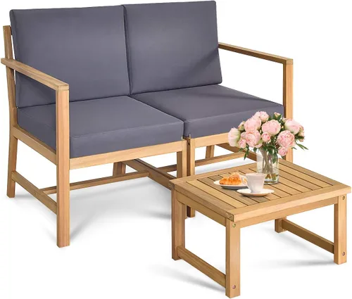 Miniatura 8 de Tangkula Sofá biplaza de madera de acacia 3 en 1 con mesa auxiliar separable, juego de sillas de madera de 3 piezas con cojines, juego de muebles