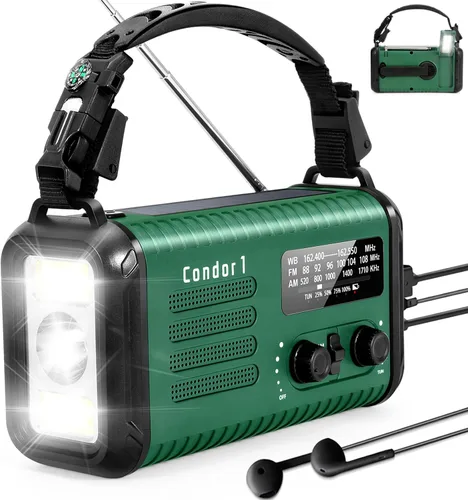 Radio meteorológica de emergencia (Condor 1) NOAA/AM/FM con radio portátil de 74000 mWh, carga USB-C/solar/manivela, alarma SOS, linterna, lámpara