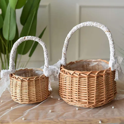 Miniatura 6 de Cesta de mimbre de ratán para flores, juego de 2 cestas de boda para niña, cesta tejida a mano de sauce con asas e inserto de plástico, cesta