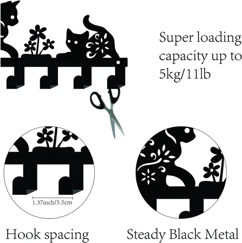 Miniatura 3 de CREATCABIN Soporte de metal para llaves, ganchos negros para colgar en la pared, organizador colgante decorativo con 6 ganchos, patrón de gato