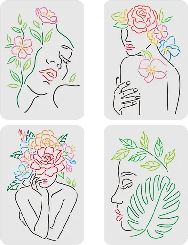 FINGERINSPIRE 4 plantillas de cara para mujer de 11.7 x 8.3 pulgadas, plantillas de pintura floral femenina, plantillas de plástico para mujer,