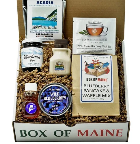 The Maine - Caja de desayuno – 7 artículos hechos en maine – Sirope de arce puro de Maine, oso de miel de arándano orgánico, mermelada de arándanos