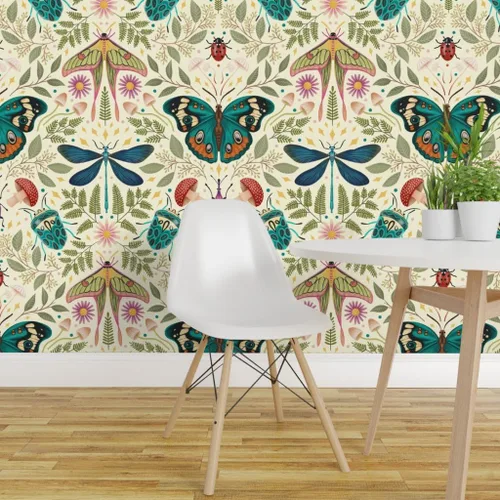 Miniatura 3 de Muestra de papel tapiz extraíble – insecto damasco insecto botánico grande Jumbo polilla mariposa bosque hongo beige verde azul papel pintado