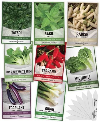 Gardeners Basics, Semillas de verduras asiáticas para plantar 8 paquetes Bok Choy, Michihili (Napa) col china, tatsoi, cebolla, rábano blanco,