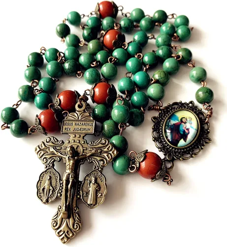 elegantmedical Hanmade - Cuentas de oración de cornalina roja y cuentas de howlita rosario católico de bronce envejecido Crucifijo collar de cruz de
