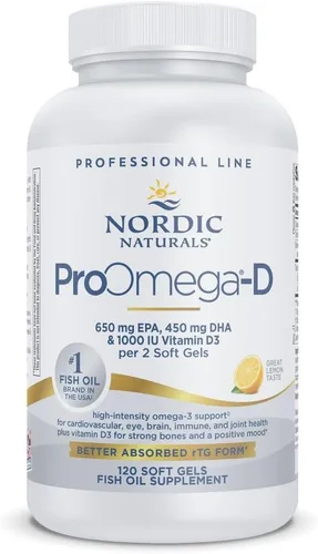 Nordic Naturals ProOmega-D, sabor a limón – 120 geles suaves – 1280 mg de omega-3 + 1000 UI D3 – Aceite de pescado de alta potencia – EPA y DHA –