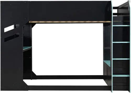 Miniatura 4 de Cama tipo loft de tamaño matrimonial con escritorio ajustable en altura y litera superior y caja de almacenamiento LED, marco de madera con barra