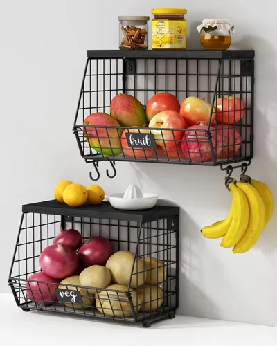 Goozii Set de 2 cestas de almacenamiento colgantes de pared para cocina negras, organizador rústico apilable para encimera de cocina, cestas de