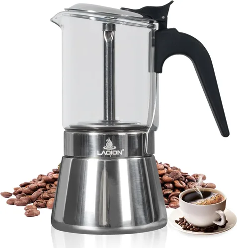 Miniatura 8 de LAOION Cafetera de café expreso, 3 tazas de 5.4 fl oz, cafetera de cristal y acero inoxidable, cafetera moca, cafetera Greca de Café, cafetera