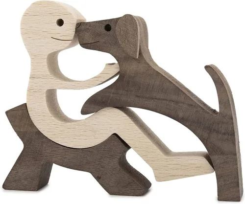 Regalo único tallada a mano estatua de hombre y perro, estatua de madera humana de perro, escultura de madera para decoración de oficina en casa,