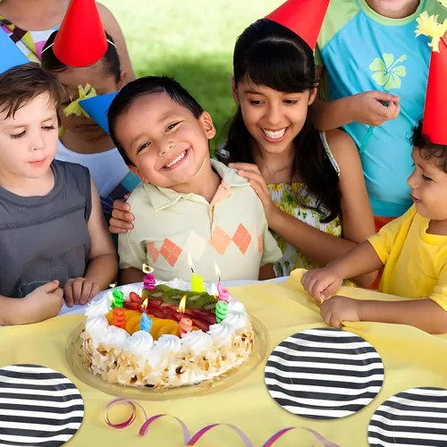 Miniatura 7 de Platos de papel a rayas negras, 72 unidades, platos redondos de fiesta de 9 pulgadas para postres, pasteles, frutas