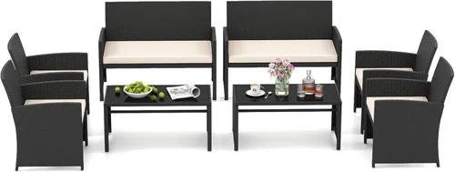 Miniatura 30 de HAPPYGRILL Juego de 4 muebles de mimbre para exteriores con mesa de centro de vidrio templado, cojines suaves, juego de sillas de ratán resistentes