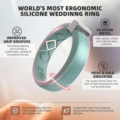 Miniatura 45 de Egnaro - Anillo de boda de silicona para mujer, diseño ergonómico y transpirable, ancho de 0.15 pulgadas, bandas de silicona flexibles con placa