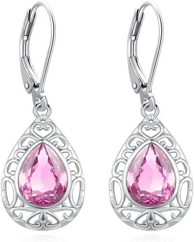 Miniatura 309 de Aretes colgantes de plata de ley con diseño de árbol de la vida, flor, abeja, animales, gato, colibrí, piedra lunar, turquesa, aretes con cierre