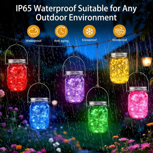 Miniatura 5 de Luces solares en tarro de masón para exteriores, paquete de 12 30 luces LED de luciérnaga, tapas solares para exteriores impermeables con ganchos