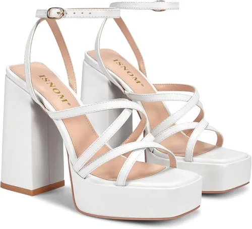 Miniatura 2 de ISNOM Tacones gruesos de plataforma para mujer, sandalias de tacón de bloque con punta cuadrada abierta y correa de tobillo