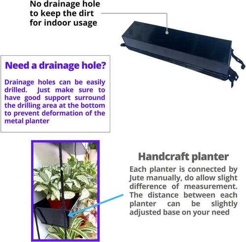 Miniatura 4 de LaLaGreen - Maceta escalonada de 16 pulgadas para plantas suculentas de interior, maceta rectangular moderna de metal negro de 3 niveles