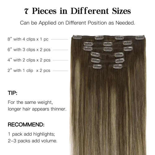Miniatura 2 de HOTBANANA - Extensiones de cabello humano con pinzas, balayage, color castaño chocolate con rubio miel, 4.23 onzas, cabello humano real, lacio