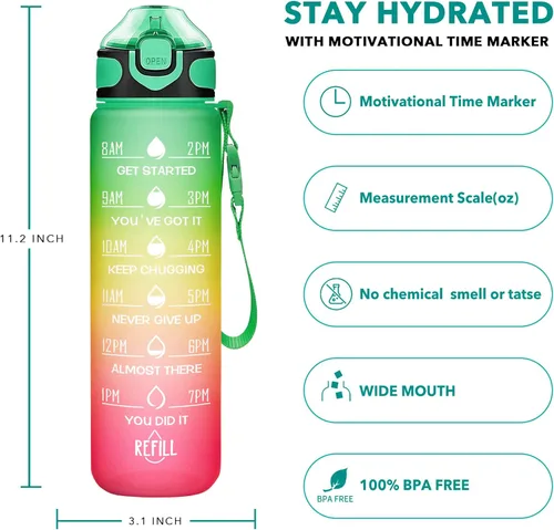 Miniatura 2 de Enerbone Botella de agua de 32 onzas con horas para beber y popote, motivacional con correa para llevar, a prueba de fugas, sin BPA ni tóxicos