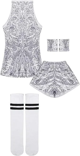 Miniatura 5 de LOLANTA Vestido de baile de lentejuelas para niñas de 4 a 12 años, traje de baile de hip hop, sin mangas y pantalones cortos