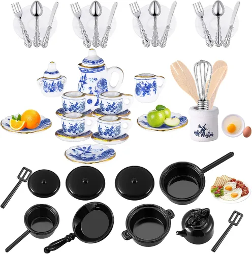 Zhanmai Juego de 47 tazas de té de porcelana en miniatura, ollas y sartenes de metal incluyen 16 mini platos de muñeca, cuchillo tenedor, cuchara de